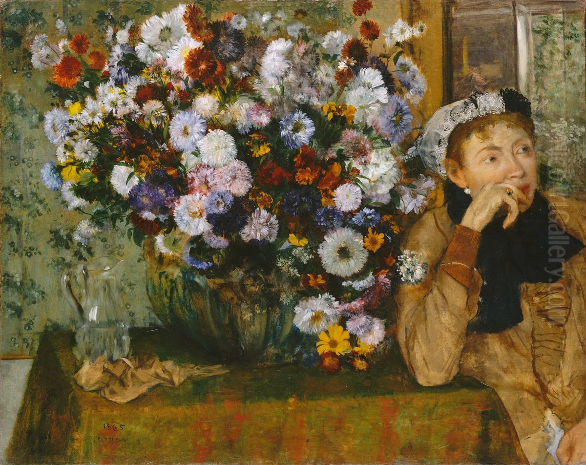 A Woman Seated beside a Vase of Flowers (Madame Paul Valpincon?) Oil Painting by Edgar Degas