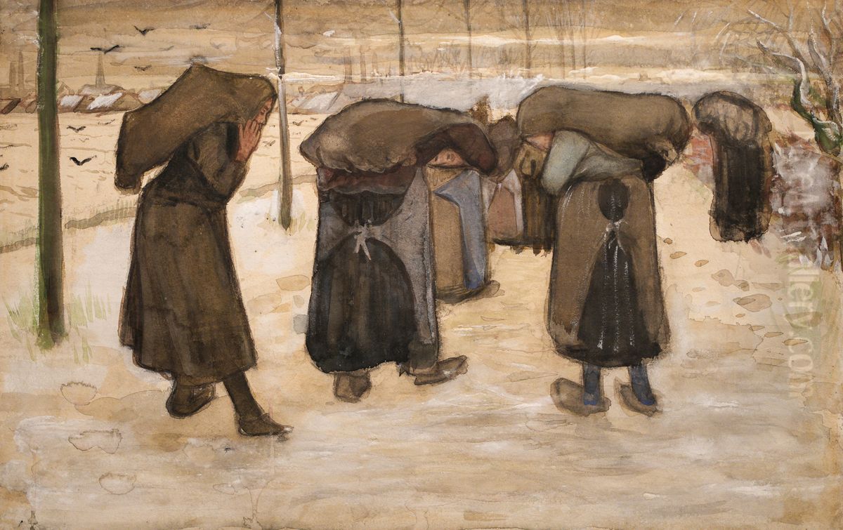 Women carrying sacks of coal in the snow Oil Painting by Vincent Van Gogh