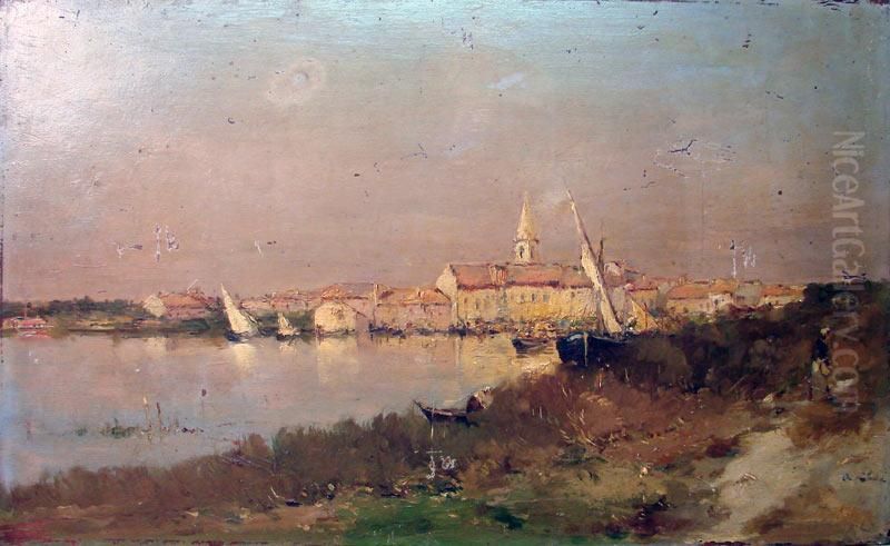 Bateaux Dans Un Port Oil Painting by Auguste Chaix