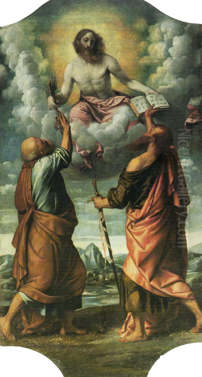 Gesu in gloria consegna le chiavi a Pietro e il libro della dottrina a Paolo Oil Painting by Alessandro Bonvicino (Moretto da Brescia)