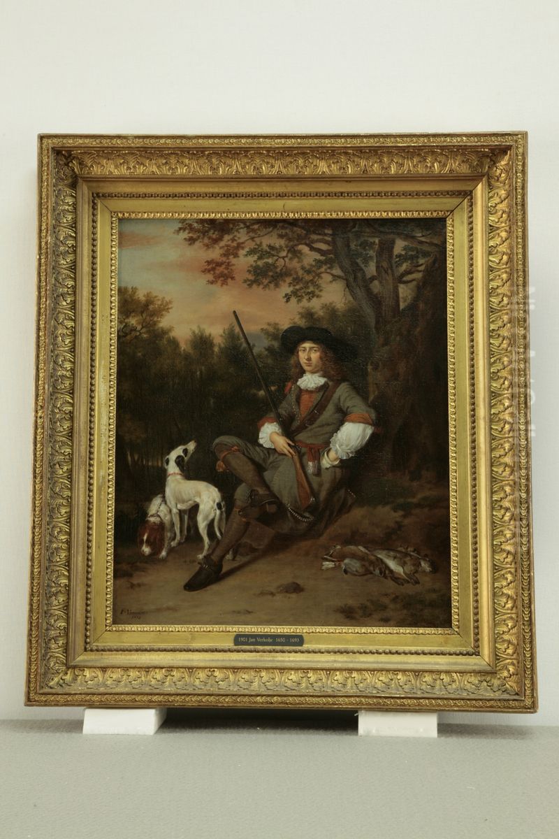 Portret van een man als jager Oil Painting by Jan Verkolje