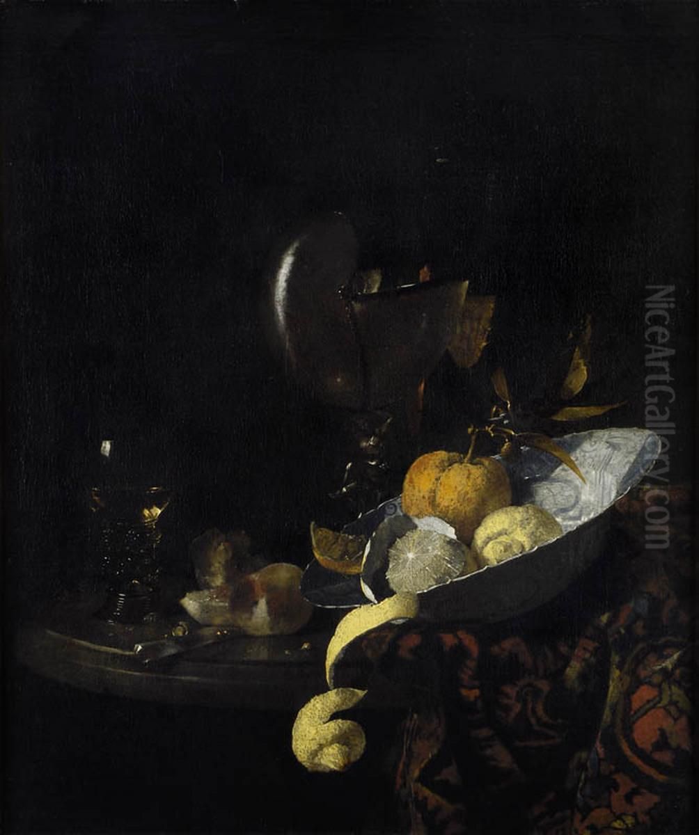 Still life with nautilus cup, porcelain bowl with fruit and glasses Oil Painting by Willem Kalf
