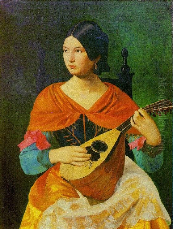 Roman woman playing a mandolin Oil Painting by Vjekoslav Karas dupe