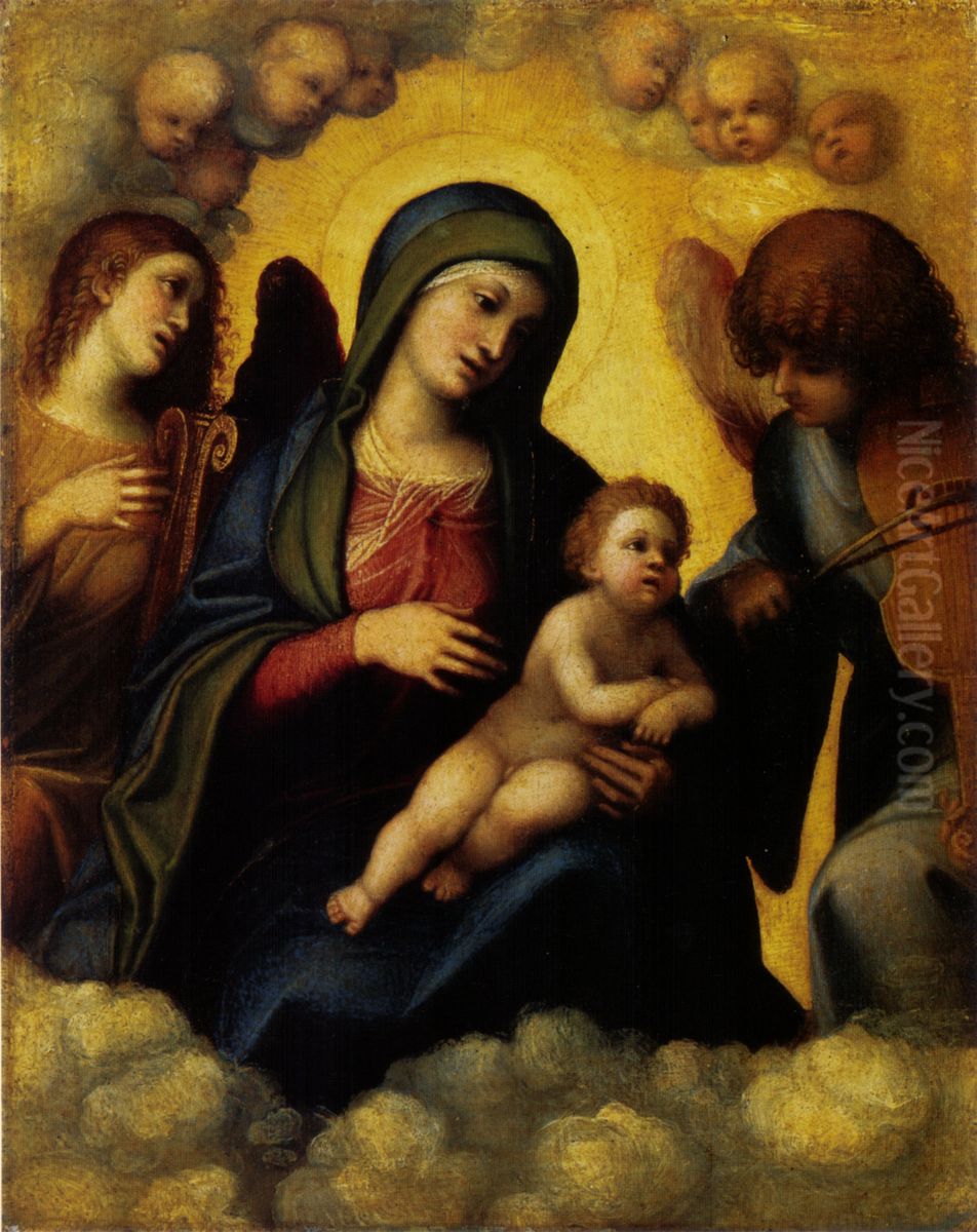Madonna with child and two angel musicians Oil Painting by Antonio da Correggio