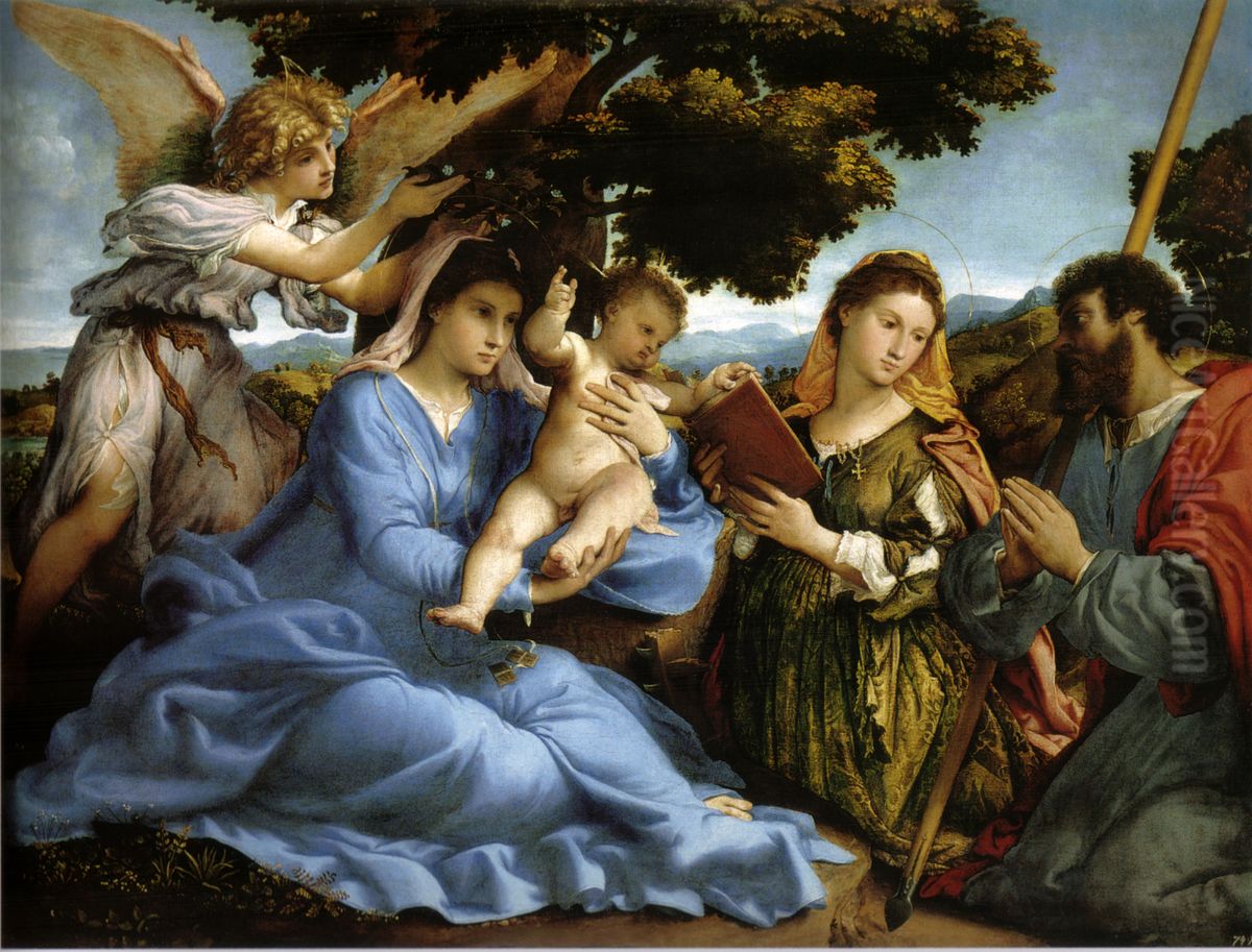 Maria mit Hl. Katharina von Alexandrien, Hl. Jacobus d. A. und einem Engel Oil Painting by Lorenzo Lotto