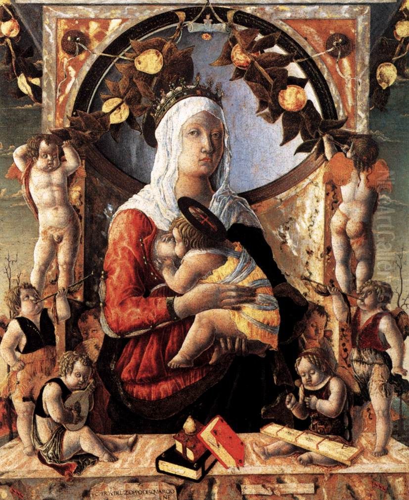 La Vierge et l'Enfant entoures de huit anges.[1] Oil Painting by Marco Zoppo