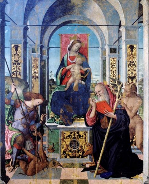Madonna enthroned with child with saints Oil Painting by unknown