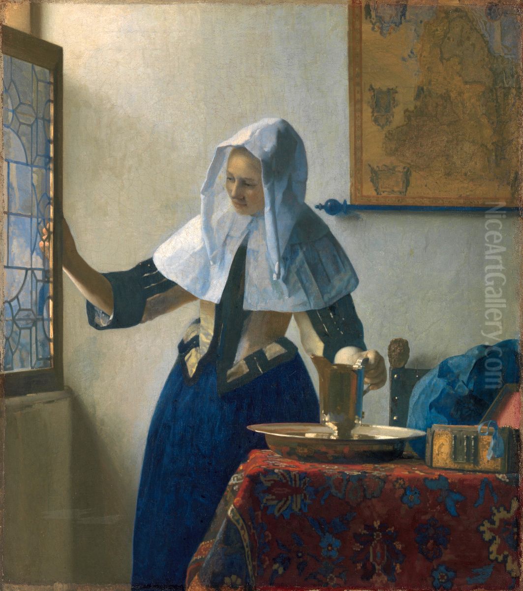 Young Woman with a Water Pitcher Oil Painting by Jan Vermeer Van Delft