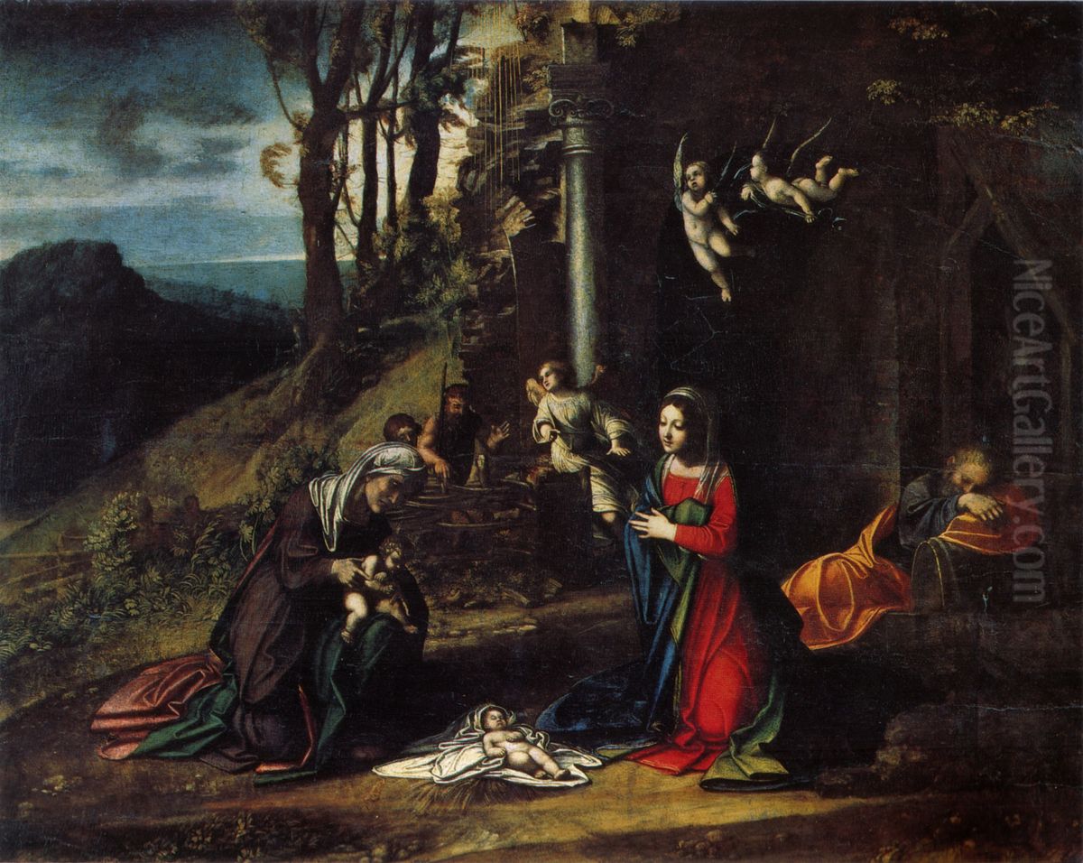Nativity with Saints Elizabeth and John the Baptist Oil Painting by Antonio da Correggio