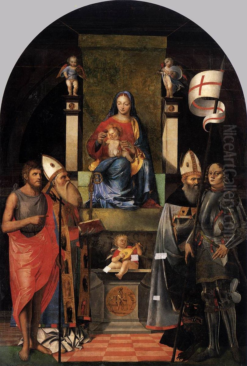 Virgin and Child Enthroned with Saints Oil Painting by Giovanni Agostino Da Lodi