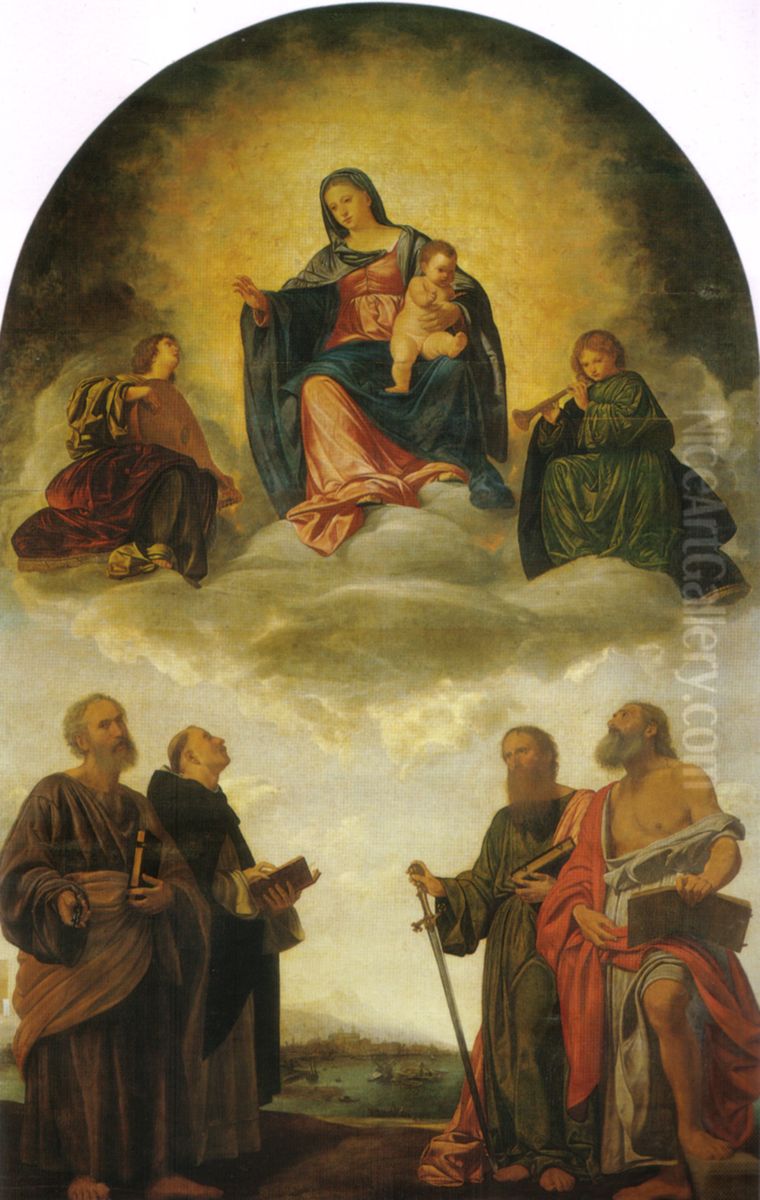 Madonna and child in heaven with four saints Oil Painting by Giovanni Girolamo Savoldo