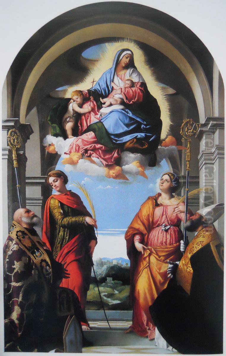 Madonna and child with saints Oil Painting by Alessandro Bonvicino (Moretto da Brescia)