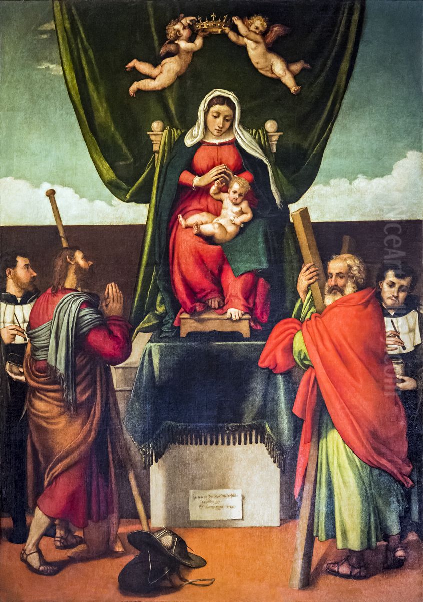 Virgin and Child between Saint James and Saint AndrewFrancais:Vierge a l'Enfant entre saint Jacques et saint AndreItaliano:Vergine col Bambino tra San Giacomo e Sant'Andrea Oil Painting by Lorenzo Lotto