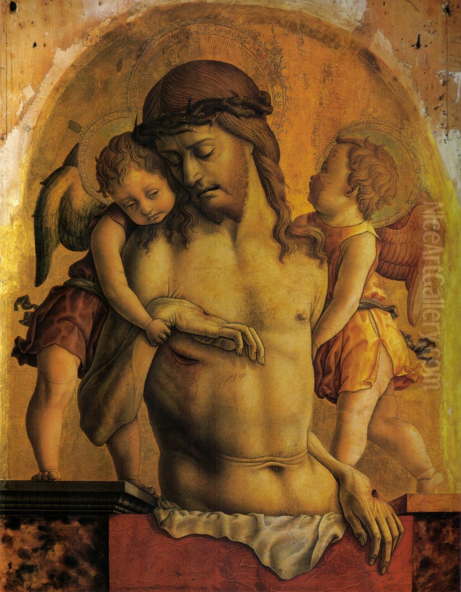 The Dead Christ supported by Two Angels Oil Painting by Carlo Crivelli