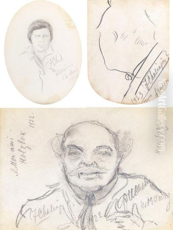 A Group Of Four Portrait Sketches, Comprising Two Self Portraits, 1923 & ?, A Drawing Of A Man Inscribed 'to My Friend Holzbach', 1922, And Another Male Portrait, 1924 Oil Painting by Fedor Ivanovich Chaliapin