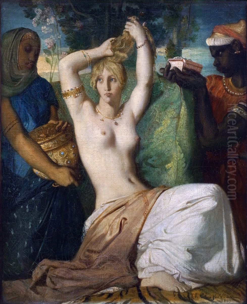 Esther se parant pour etre presentee au roi Assuerus Oil Painting by Theodore Chasseriau