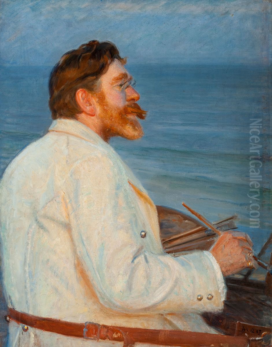 P.S. Kroyer painting at Skagen Sonderstrand Oil Painting by Michael Peter Ancher