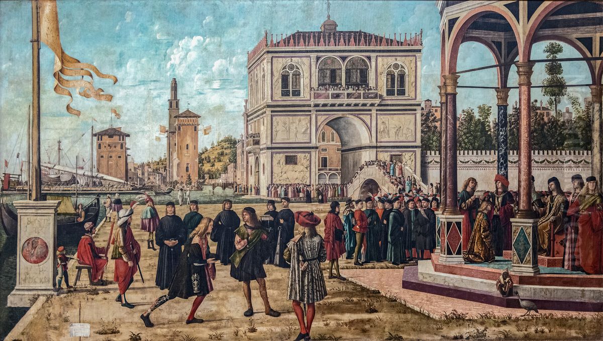 Botschafter Ruckkehr zum englischen GerichtEnglish:Ambassadors Return to the English CourtFrancais:Les ambassadeurs retournent a la cour anglaiseItaliano:Ritorno degli ambasciatori Oil Painting by Vittore Carpaccio