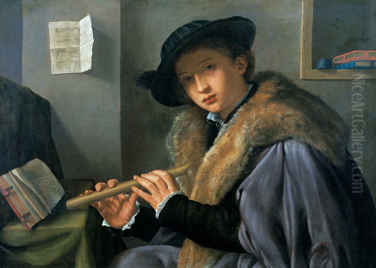 Portrait of a man playing flute. Oil Painting by Giovanni Girolamo Savoldo