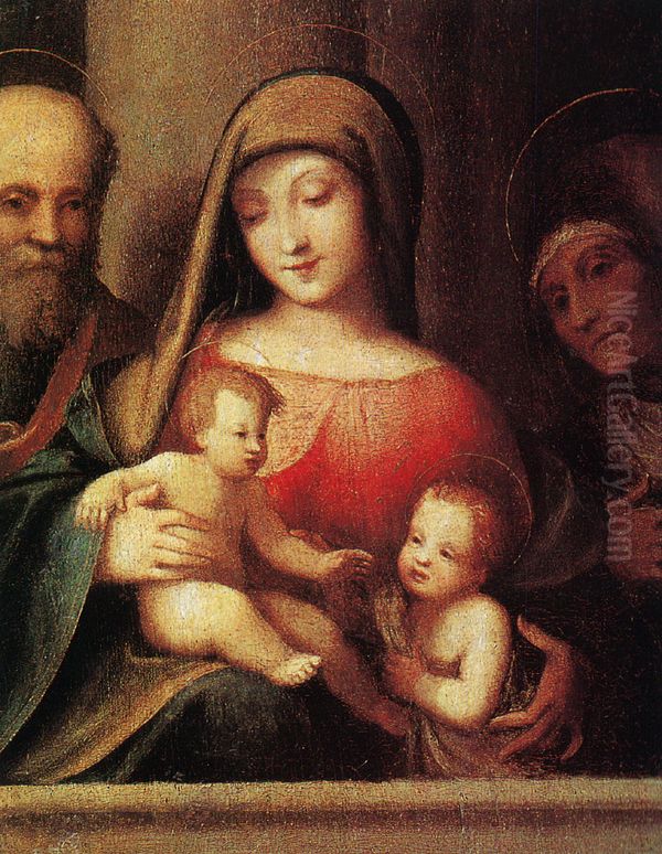 Holy family with Saints John the Baptist and Elizabeth Oil Painting by Antonio da Correggio