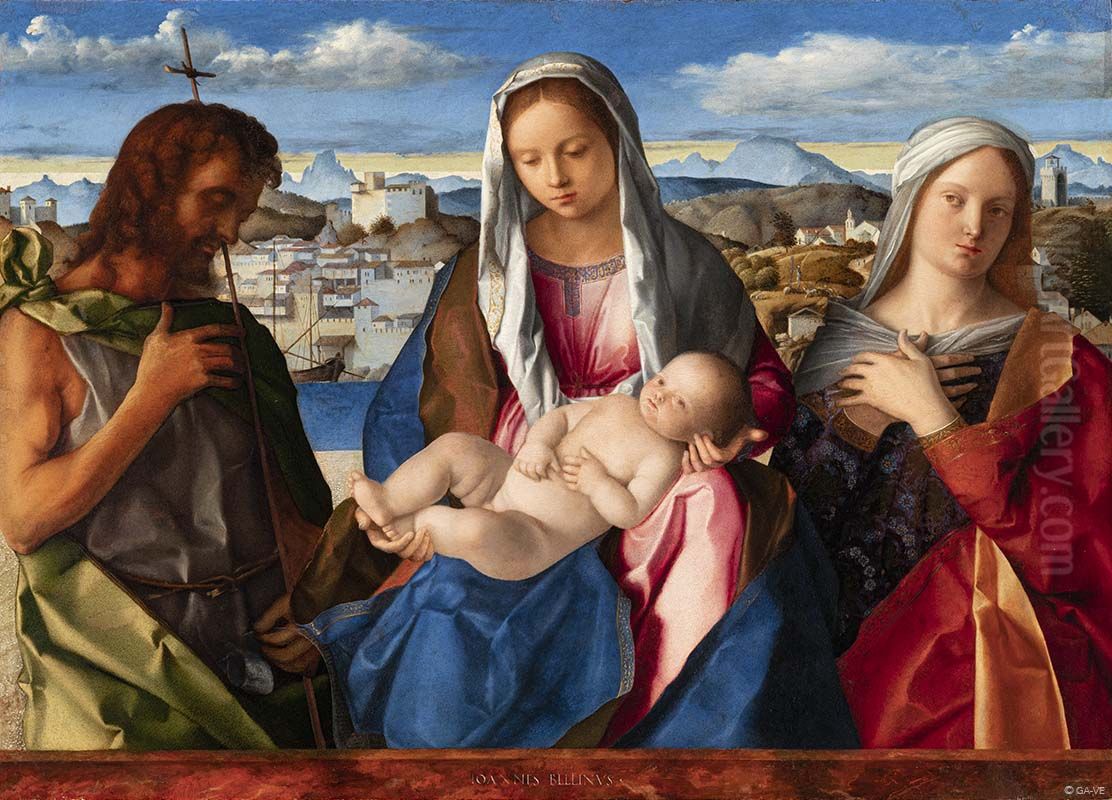 Madonna col Bambino tra san Giovanni Battista e una santa Oil Painting by Giovanni Bellini
