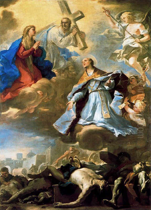 Saint Januarius intercedes with the Virgin, Christ, and Eternal Father for the plague Oil Painting by Luca Giordano