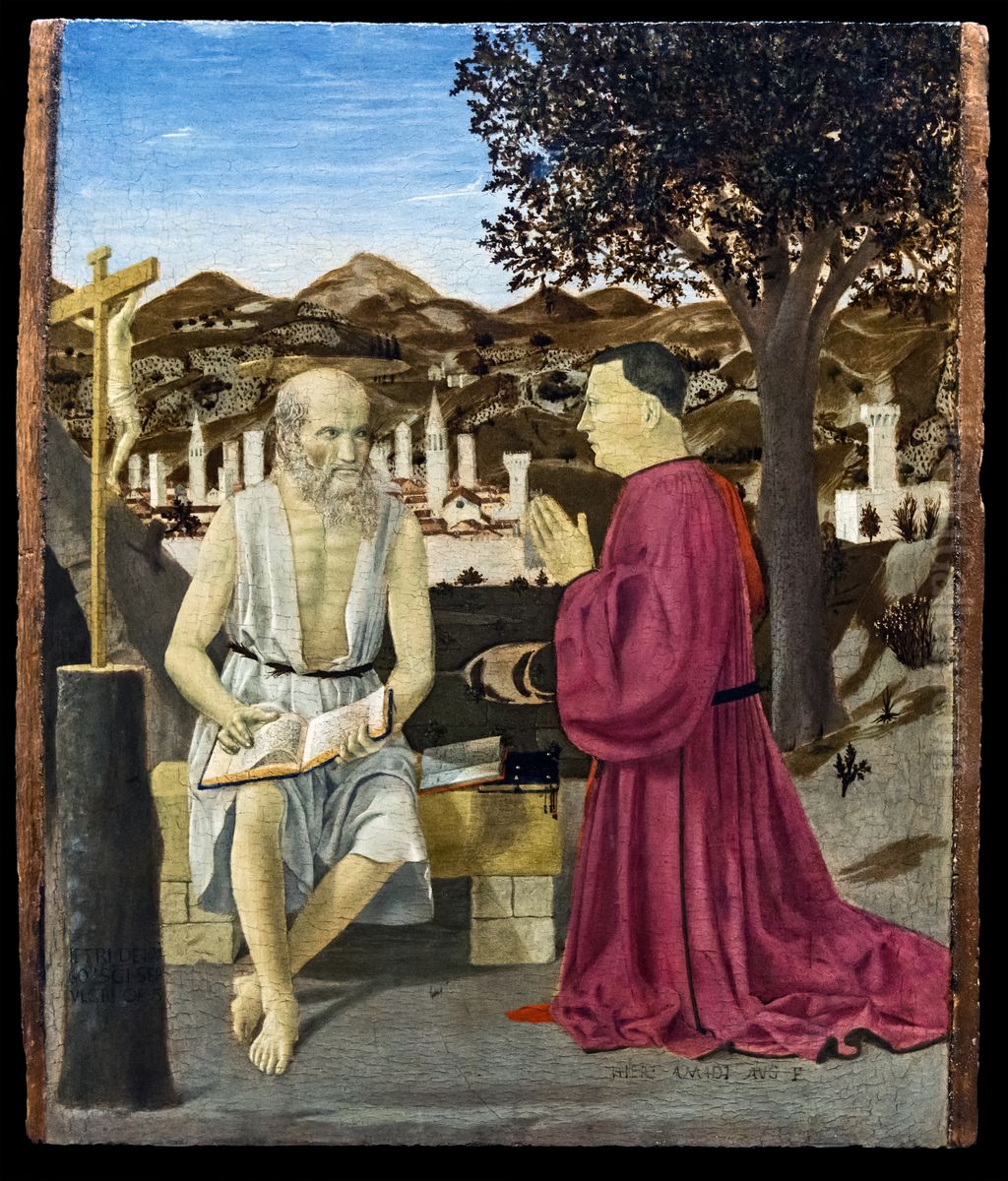 Hl. Hieronymus und ein Stifter Girolamo Amadi.English:Saint Jerome and the donor Girolamo Amadi.Francais:Saint Jerome et le donateur Girolamo AmadiItaliano:San Girolamo e il donatore Girolamo Amadi Oil Painting by Piero della Francesca