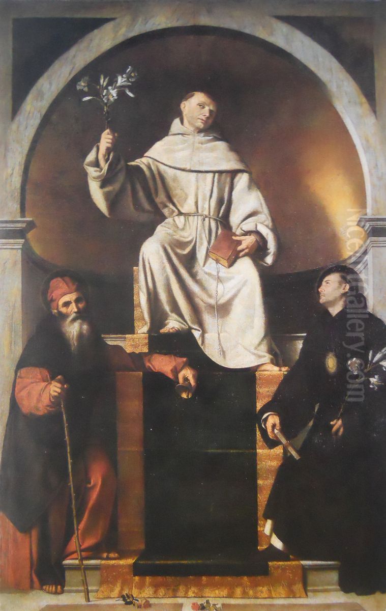 Saint Anthony of Padua with Saints Anthony Abbot and Nicholas of Tolentino Oil Painting by Alessandro Bonvicino (Moretto da Brescia)