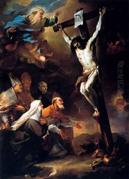 Patron Saints of Naples adoring the Crucifix Oil Painting by Luca Giordano