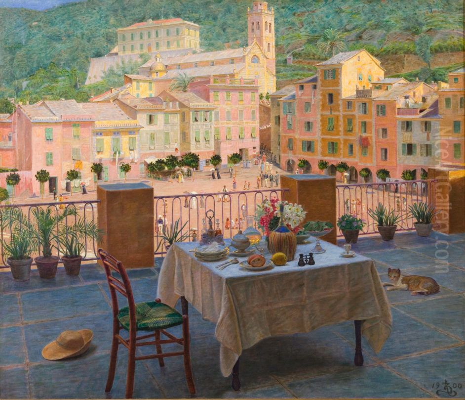 Mit frokostbord i Portofino Oil Painting by Kristian Zahrtmann