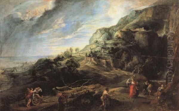Costal landscape with the meeting between Ulysses and Nausicaa Oil Painting by (studio of) Rubens, Peter Paul