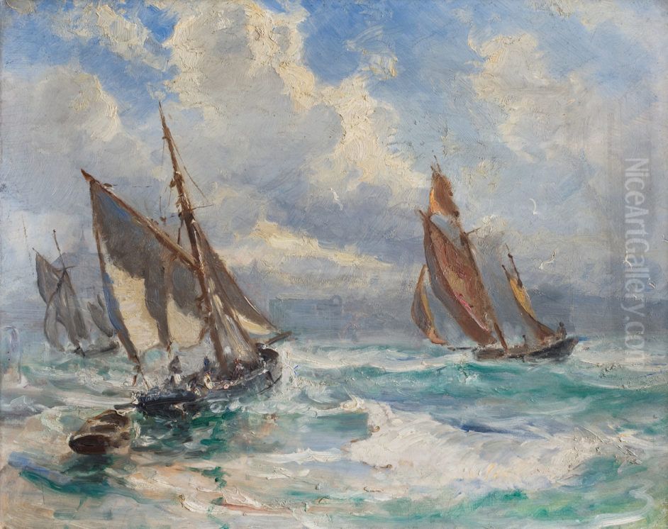 Fishing boats in stormy weather Oil Painting by Holger Drachmann