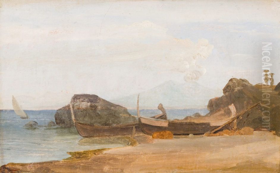 Coast of Capri with drawn boats Oil Painting by Fritz Petzholdt
