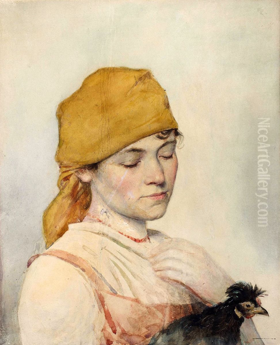Woman with a hen. Oil Painting by Julian Falat