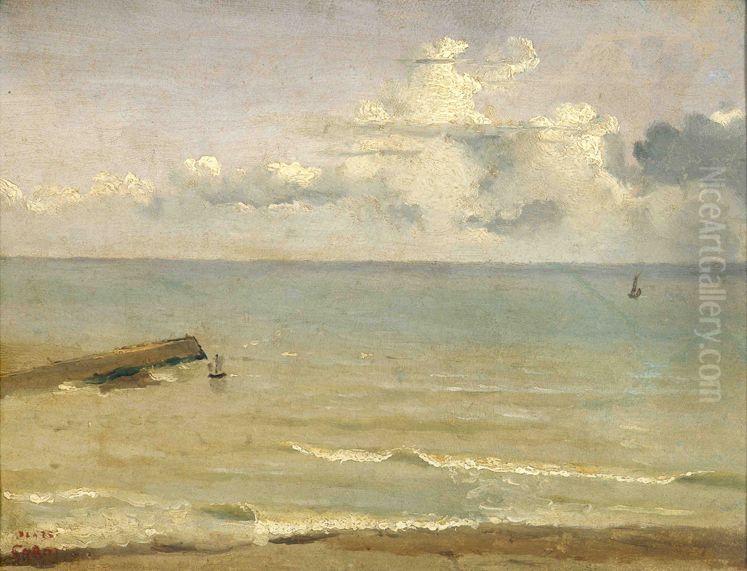 Dieppe, the end of the pier and the sea Oil Painting by Jean-Baptiste Camille Corot