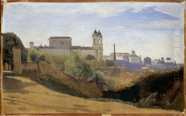 Rome, Monte Pincio and Trinite des Monts, seen from the gardens of the Academie de France Oil Painting by Jean-Baptiste Camille Corot
