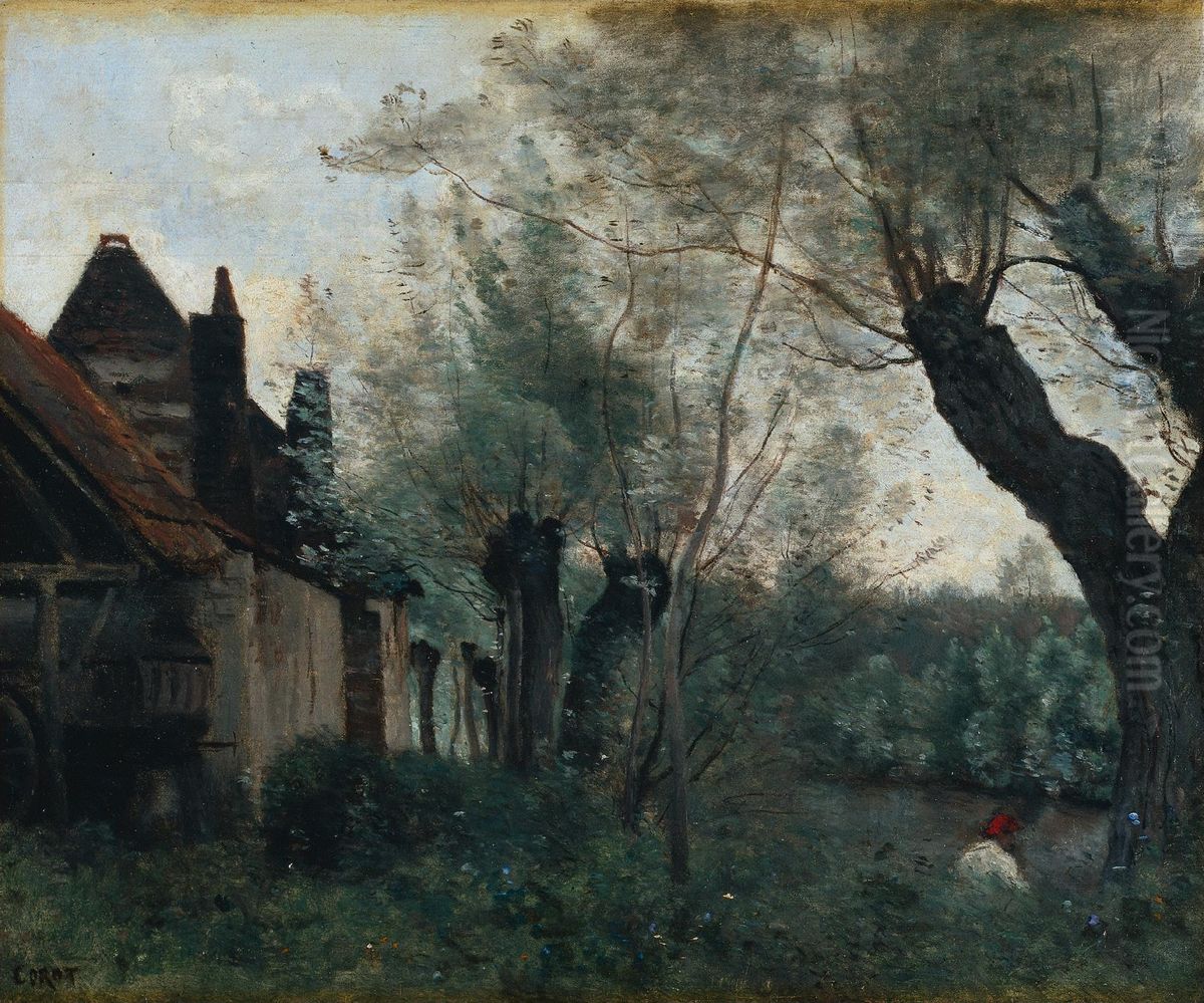 Willows and Farmhouse at Sainte-Catherine-les-Arras Oil Painting by Jean-Baptiste Camille Corot