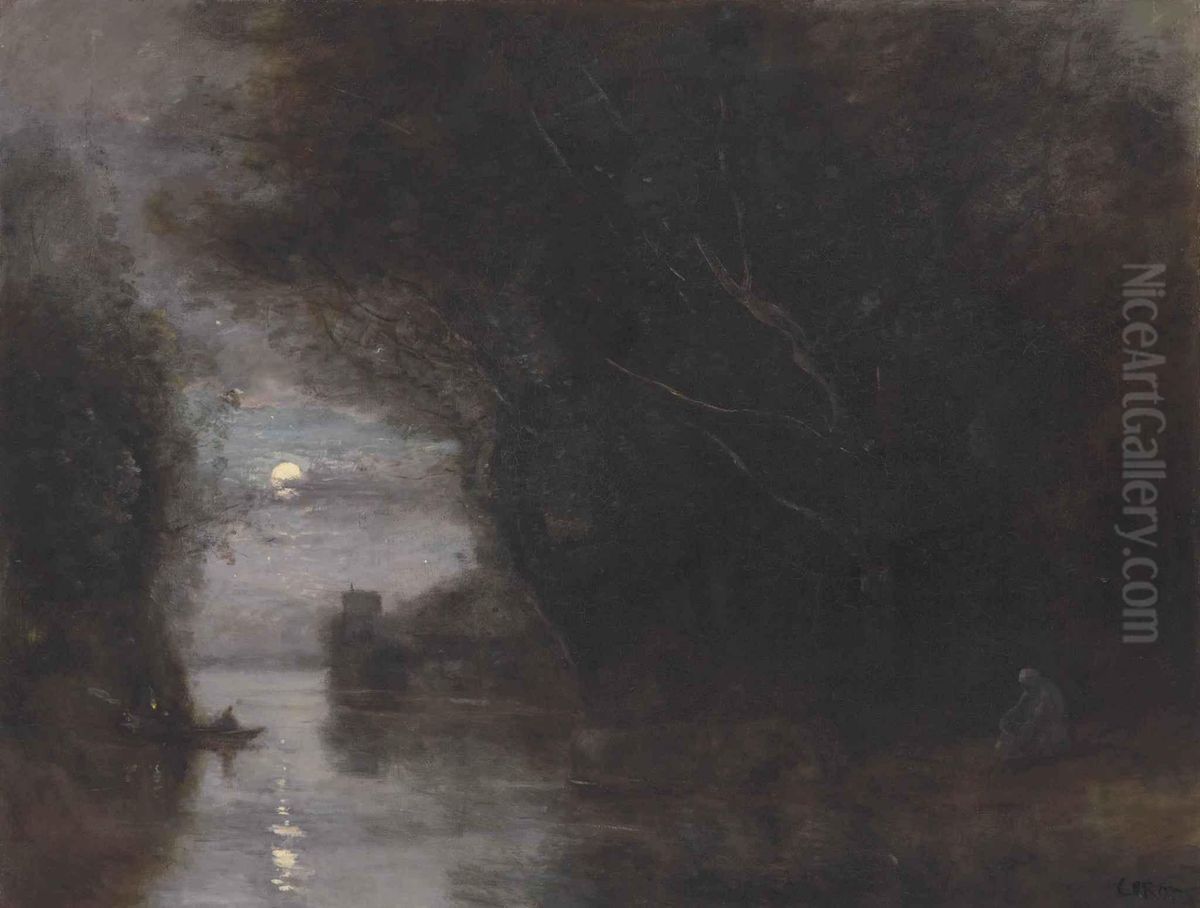 Paysage au clair de lune. Oil Painting by Jean-Baptiste Camille Corot