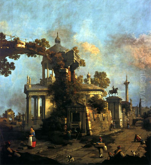 Capriccio of Roman Ruins with a Domed Church and the Colleoni Monument Oil Painting by Canaletto