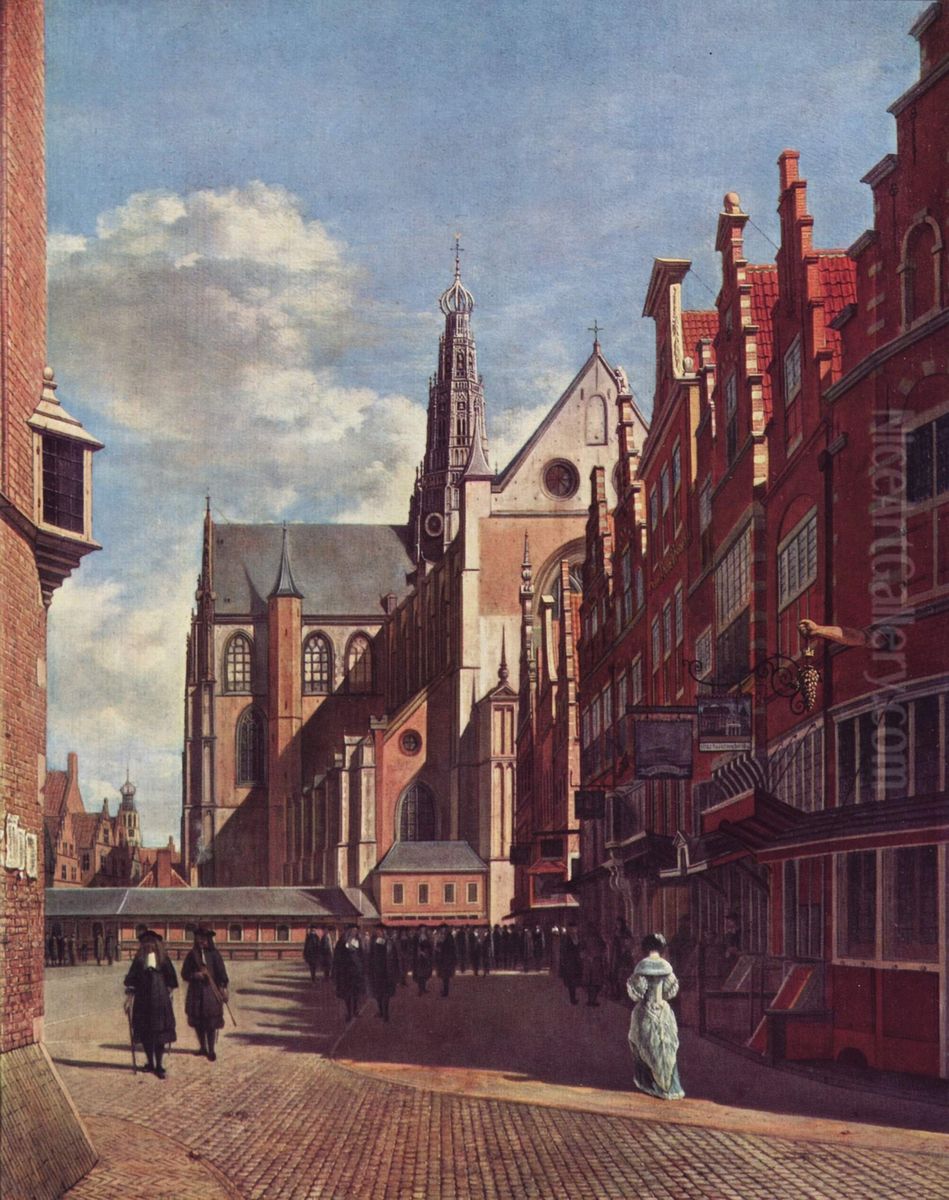 The Grote Markt in Haarlem, seen from the Koningstraat next to the city hall Oil Painting by Gerrit Adriaenszoon Berckheyde