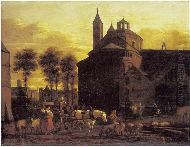 Horse and Cart before the Church of the Holy Apostles, Cologne Oil Painting by Gerrit Adriaenszoon Berckheyde