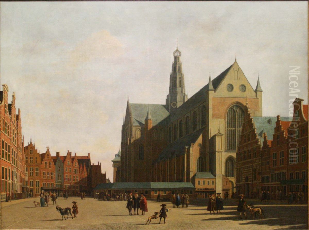 Vue de la place du grand marche et de l'eglise Saint Bavon a Haarlem Oil Painting by Gerrit Adriaenszoon Berckheyde
