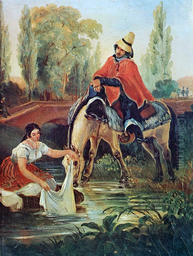 The Huaso and the Washerwoman Oil Painting by Johann Moritz Rugendas