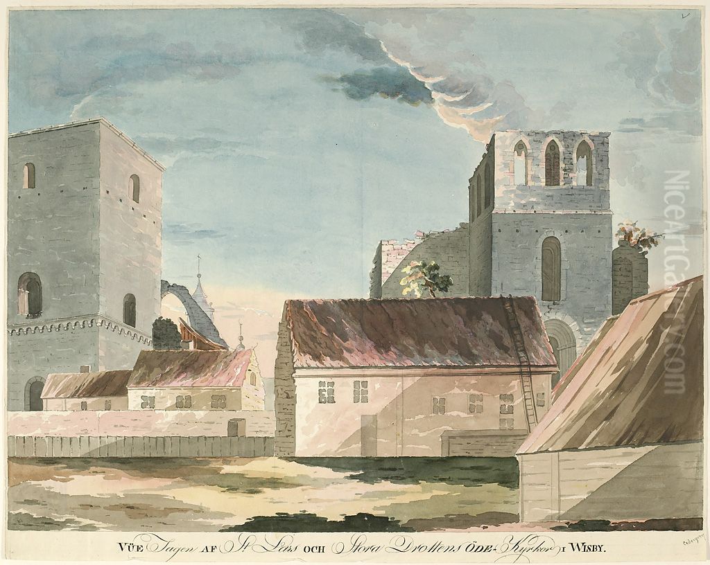 Vy tagen av Sankt Lars och Stora Drottens odekyrkor i Visby Oil Painting by Lars Cedergren