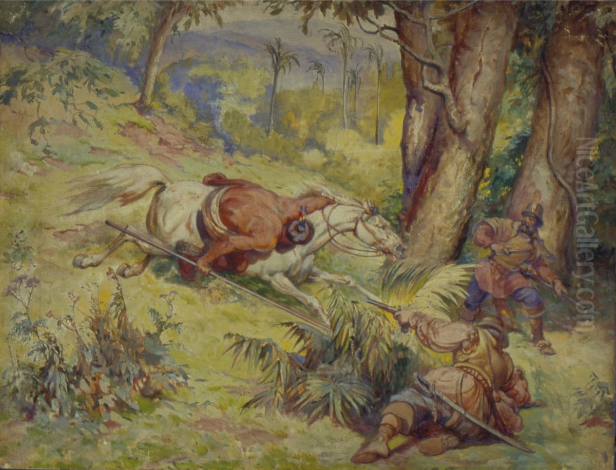 Combate de Bandeirantes de Mogi das Cruzes com Guaicurus Oil Painting by Oscar Pereira Da Silva