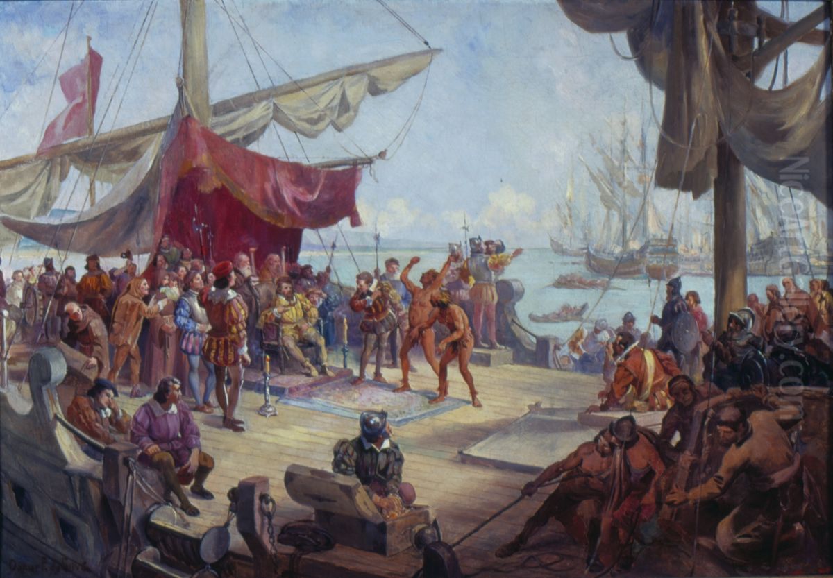 Nau Capitania de Cabral, Indios a Bordo da Capitania de Cabral Oil Painting by Oscar Pereira Da Silva