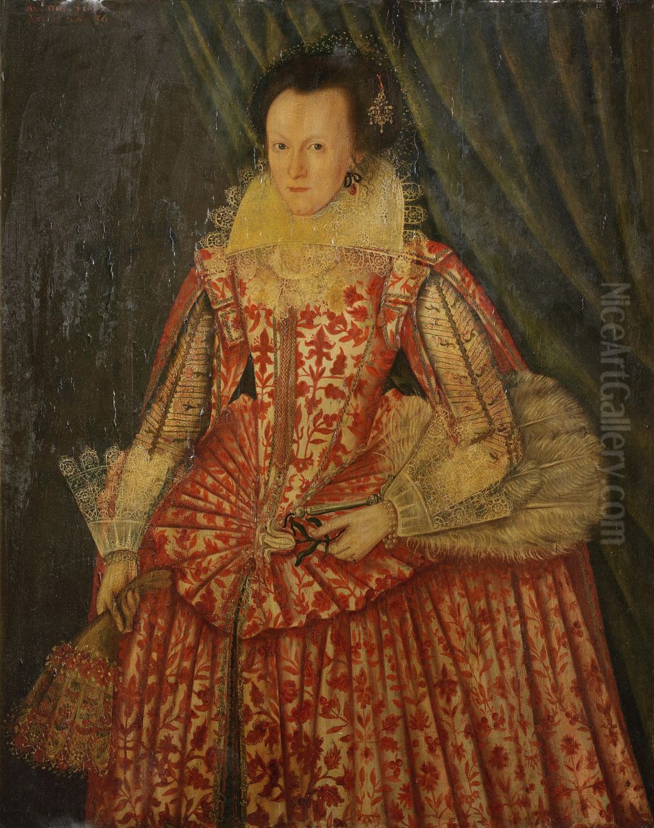Portrait of a Lady, Three-quarter-length, in a Red and White Dress, Holding Gloves and a Fan Oil Painting by English School