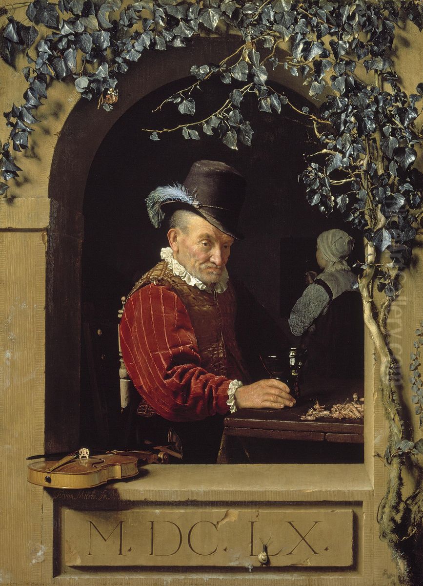 An Old Violin Player in a Stone Arched Niche Oil Painting by Frans van Mieris