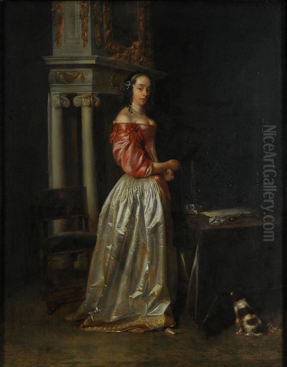 Young Lady in Interior Oil Painting by Caspar Netscher
