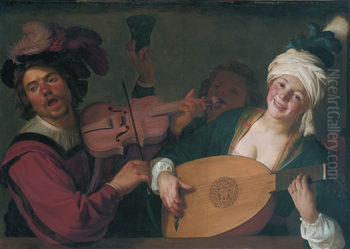 Couple making music behind a balustrade Oil Painting by Gerard van Honthorst